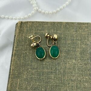 Vintage Gold Filled Green Scarab Screw Back Dangle Earrings